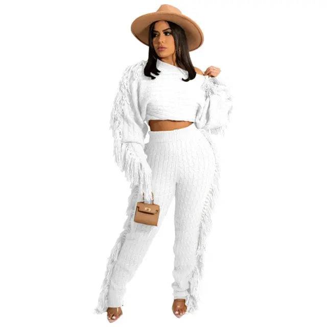 Tassel Knitted Sweater Sexy Two Pieces Set Matching Pants Sets Fashion Winter Outfits - TheWellBeing4All