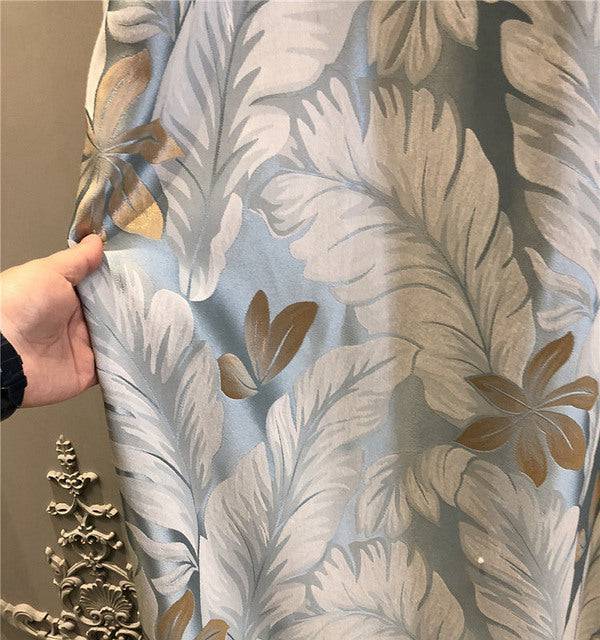 Palm Leaf Simulation Silk Silver Gray Blue Printed Curtains for Living Room Bedroom Dining Room Partition Curtain Home - TheWellBeing4All