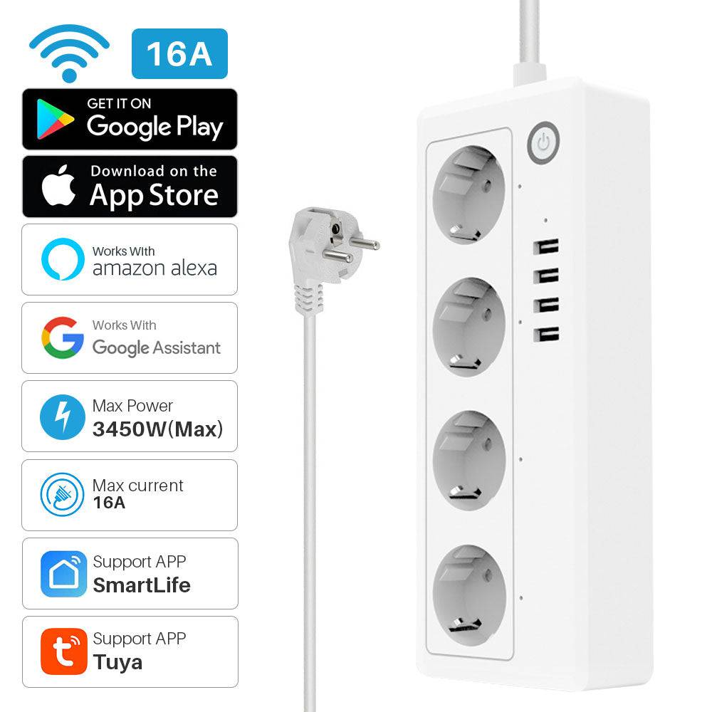 Smart Power Strip Plug 4 EU Socket Outlets Works With Alexa Google Assistant - TheWellBeing4All