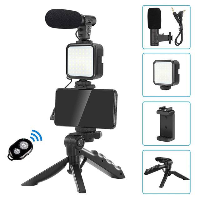 Smartphone Video Kit Microphone Bracket Photography Lighting Phone Holder LED Selfie Tripod Recording Handle Portable Stabilizer - TheWellBeing4All