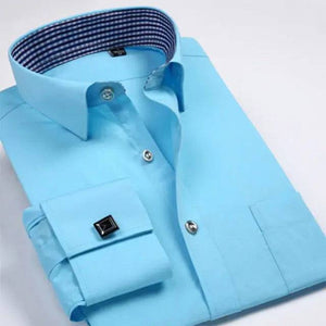 French Cuff Mens Formal Business Dress Shirt Solid Twill Men Party Wedding Tuxedo Shirts with Cufflinks Chest Pocket - TheWellBeing4All