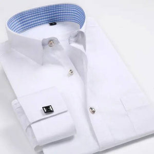 French Cuff Mens Formal Business Dress Shirt Solid Twill Men Party Wedding Tuxedo Shirts with Cufflinks Chest Pocket - TheWellBeing4All