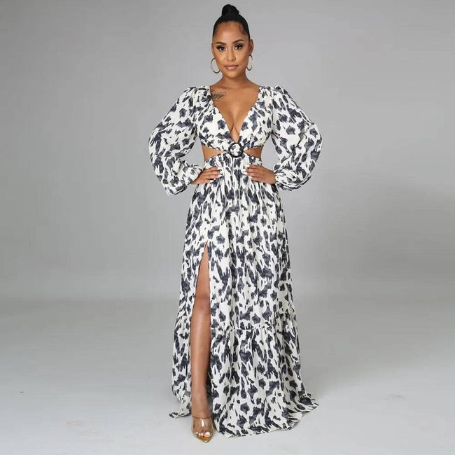 Deep V Neck Leopard Print Dress Elegant Beach Holiday Maxi Long Dress Lace Up Vest - TheWellBeing4All