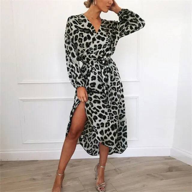 Deep V Neck Leopard Print Dress Elegant Beach Holiday Maxi Long Dress Lace Up Vest - TheWellBeing4All