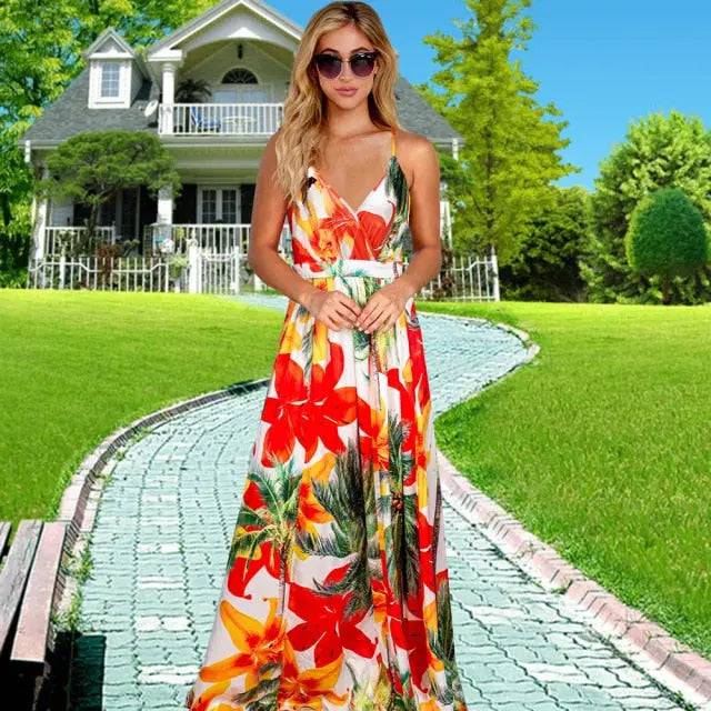 Deep V Neck Leopard Print Dress Elegant Beach Holiday Maxi Long Dress Lace Up Vest - TheWellBeing4All