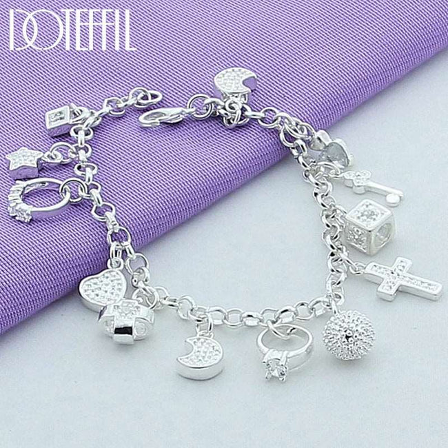 925 Sterling Silver 24K Gold Moon Heart Lock Cross Bracelet - Exquisite Fashion Jewelry - TheWellBeing4All