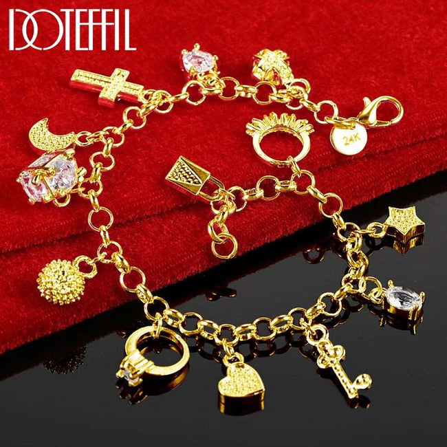 925 Sterling Silver 24K Gold Moon Heart Lock Cross Bracelet - Exquisite Fashion Jewelry - TheWellBeing4All