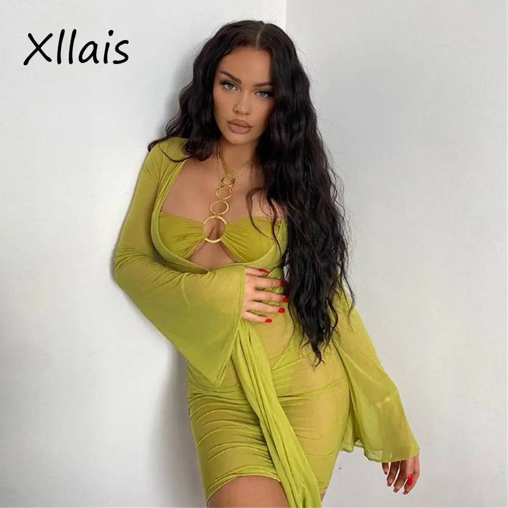 XLLAIS Sexy Mesh Green Dress for Women 2021 Long Flared Sleeve Outfits Fashion Tie Bandage See Through Chiffon Robes - TheWellBeing4All