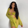 XLLAIS Sexy Mesh Green Dress for Women 2021 Long Flared Sleeve Outfits Fashion Tie Bandage See Through Chiffon Robes - TheWellBeing4All