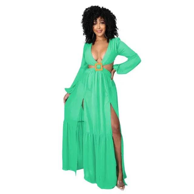 V Neck Long Sleeve High Split Nightclub Party Wear Swimsuit Coverup Beach Dress - TheWellBeing4All