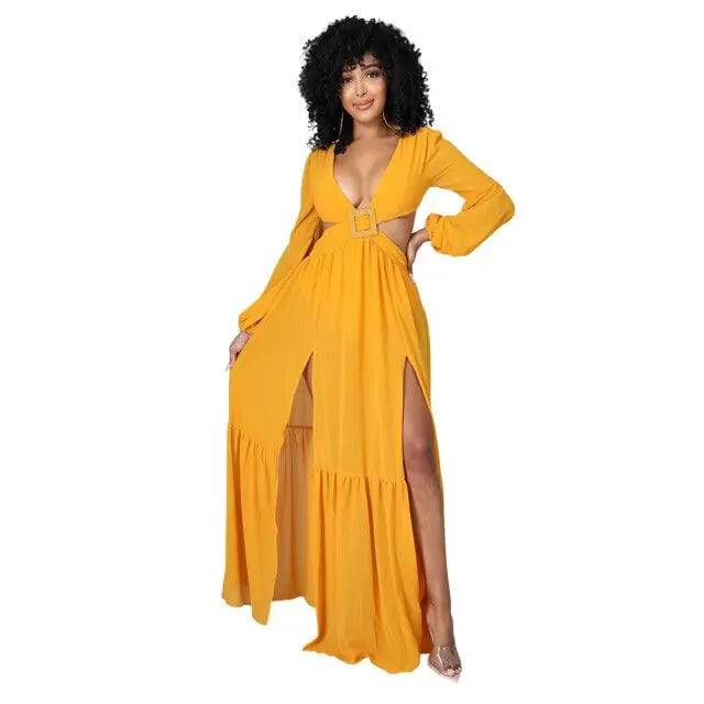 V Neck Long Sleeve High Split Nightclub Party Wear Swimsuit Coverup Beach Dress - TheWellBeing4All