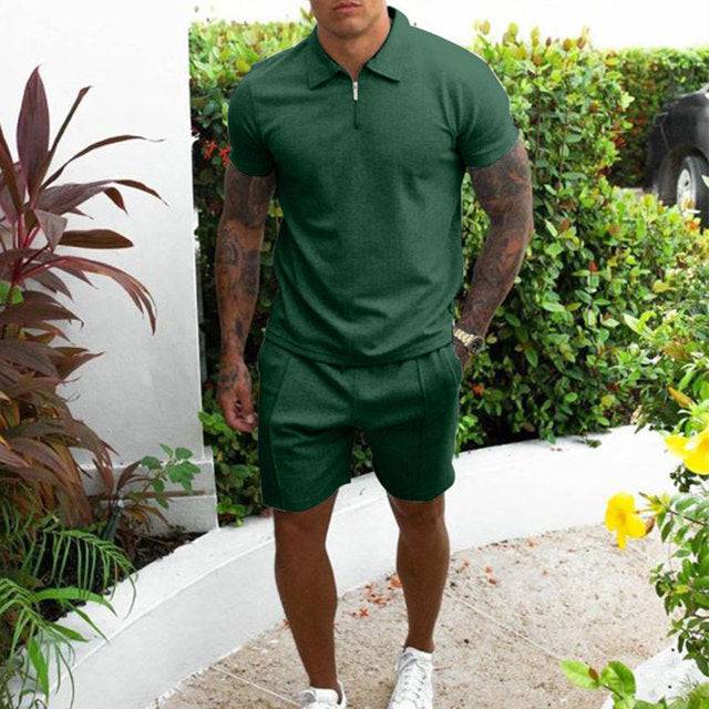 Tracksuit Cotton Solid Color Short Sleeve Zipper Polo Shirt & Shorts Set - TheWellBeing4All