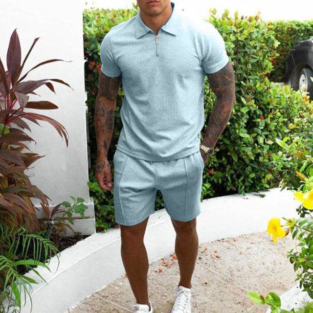 Tracksuit Cotton Solid Color Short Sleeve Zipper Polo Shirt & Shorts Set - TheWellBeing4All