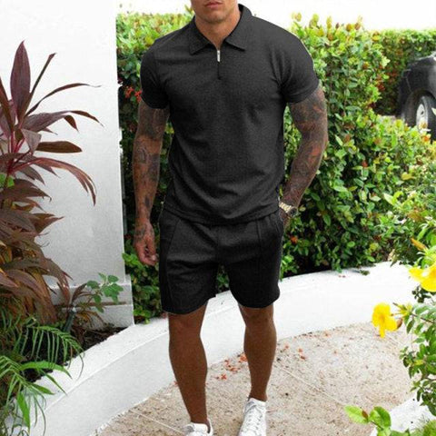 Tracksuit Cotton Solid Color Short Sleeve Zipper Polo Shirt & Shorts Set - TheWellBeing4All
