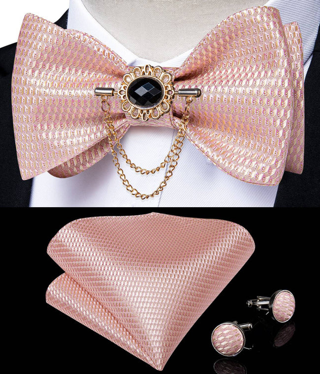 Pink Plaid Solid Tie Bow Tie Silk Jacquard Woven - TheWellBeing4All