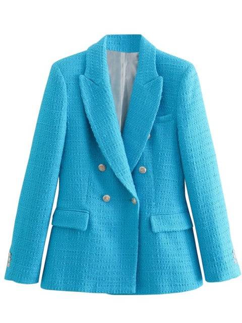 Traf Jacket Ornate Button Tweed Woolen Coats Female Casual Thick Green Blazers Blue Outerwear - TheWellBeing4All