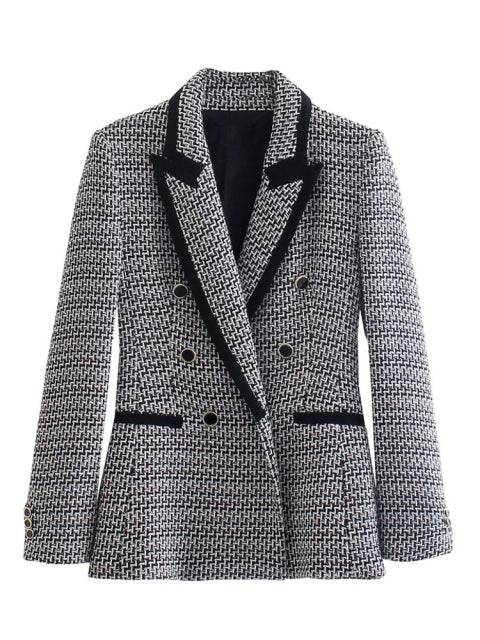 Traf Jacket Ornate Button Tweed Woolen Coats Female Casual Thick Green Blazers Blue Outerwear - TheWellBeing4All