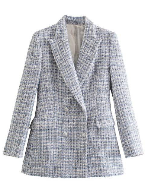 Traf Jacket Ornate Button Tweed Woolen Coats Female Casual Thick Green Blazers Blue Outerwear - TheWellBeing4All