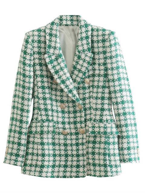 Traf Jacket Ornate Button Tweed Woolen Coats Female Casual Thick Green Blazers Blue Outerwear - TheWellBeing4All