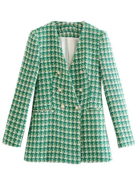 Traf Jacket Ornate Button Tweed Woolen Coats Female Casual Thick Green Blazers Blue Outerwear - TheWellBeing4All