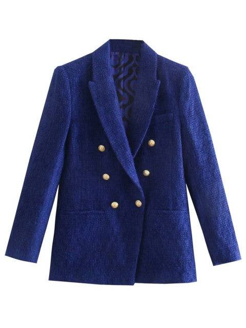 Traf Jacket Ornate Button Tweed Woolen Coats Female Casual Thick Green Blazers Blue Outerwear - TheWellBeing4All