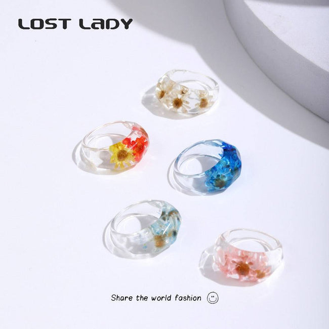 Lost Lady Fashion Transparent Chunky Epoxy Resin Rings Cute Multicolor Dried Flower Finger Rings for Women Party Jewelry Gifts - TheWellBeing4All