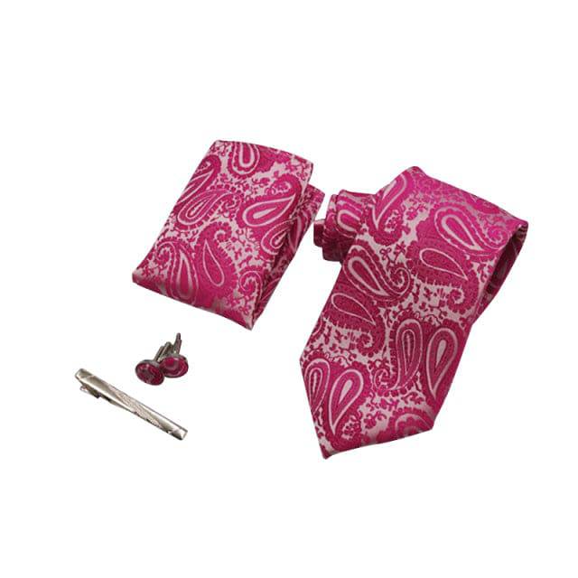 Tie set with Pink Paisley Tie, Tucker Clip, Hankies and Cuff links Gift Set for Men Wedding Party - TheWellBeing4All