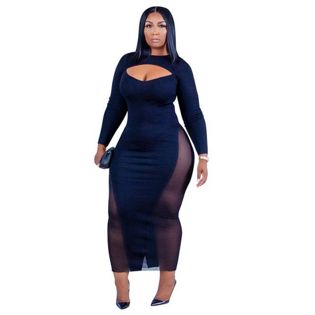 Mesh Patchwork Sexy Dresses Body on Long Sleeve Black Dress - TheWellBeing4All