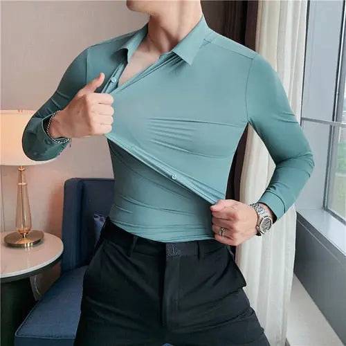 High Elasticity Seamless Men. Shirt Long Sleeve Slim Casual Shirt Solid Color Business Formal Dress Shirts Social Party Blouse - TheWellBeing4All