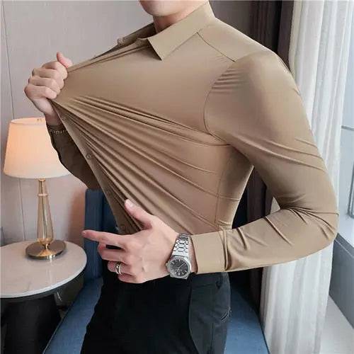 High Elasticity Seamless Men. Shirt Long Sleeve Slim Casual Shirt Solid Color Business Formal Dress Shirts Social Party Blouse - TheWellBeing4All