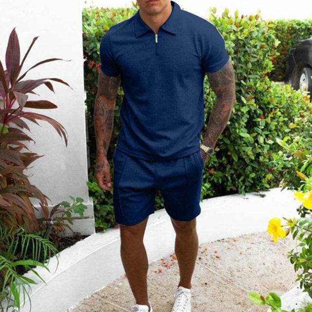 Tracksuit Cotton Sleeve Zipper Polo Shirt & Shorts Set - TheWellBeing4All