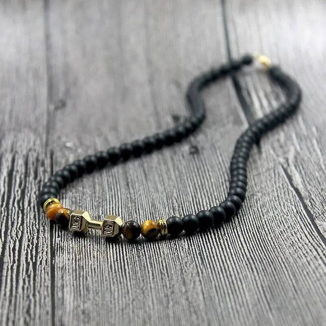 Stone Rose Gold Silver Color Barbell Men Necklace Beaded Matte Balck Beads - TheWellBeing4All