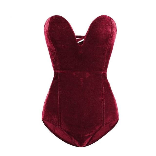 Strapless Velvet Sexy Bodysuit Women Sweetheart Body on Backless Lace Up Body, V Neck - TheWellBeing4All