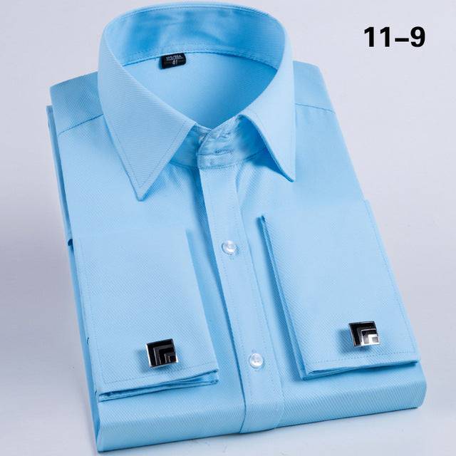 French Cuff Dress Shirt Men Long Sleeve Solid Color Striped Style Male Cufflink Include - TheWellBeing4All