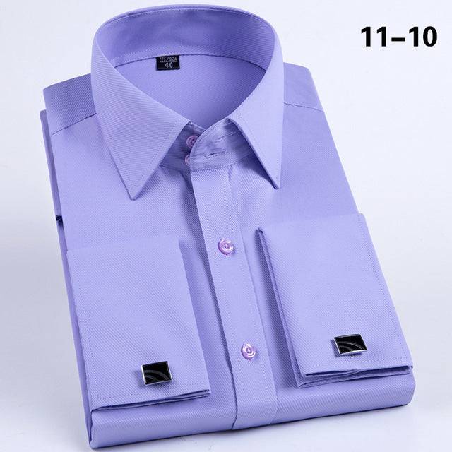 French Cuff Dress Shirt Men Long Sleeve Solid Color Striped Style Male Cufflink Include - TheWellBeing4All