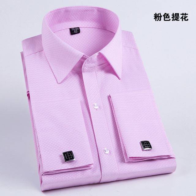 French Cuff Dress Shirt Men Long Sleeve Solid Color Striped Style Male Cufflink Include - TheWellBeing4All