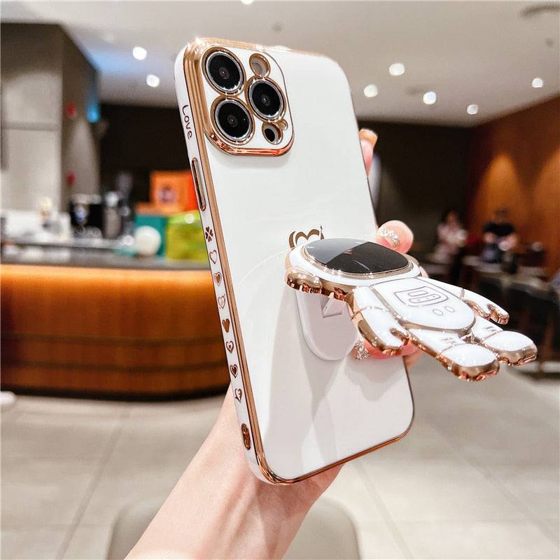 Heart Plating Bumper Cartoon Astronaut Stand Holder Case For iPhone 14 - TheWellBeing4All