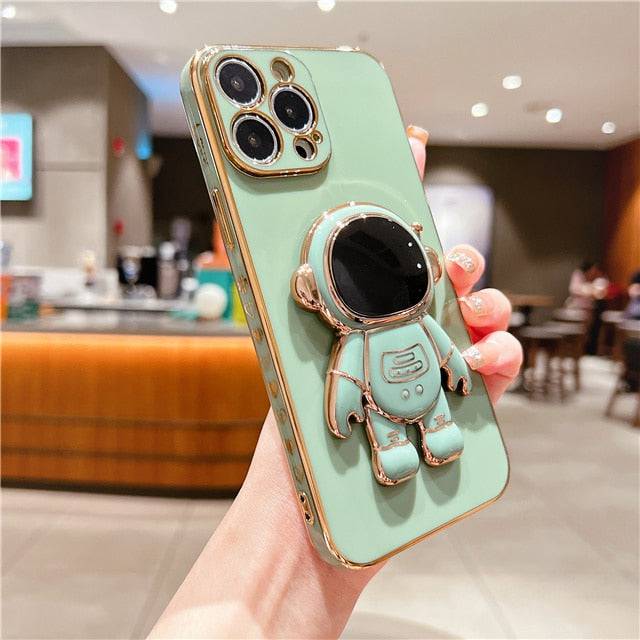 Heart Plating Bumper Cartoon Astronaut Stand Holder Case For iPhone 14 - TheWellBeing4All