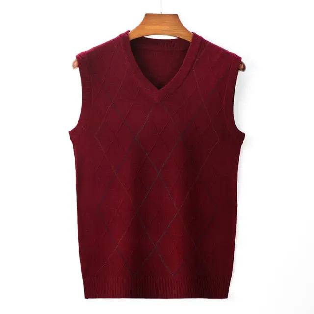 V Neck Argyle Sweater Vest, Casual Knitted Sleeveless Vest top Male Brand Clothes - TheWellBeing4All