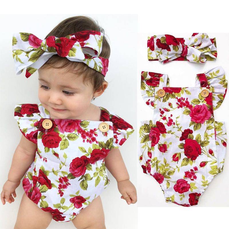 Floral Romper 2pcs Baby Girls Clothes Jumpsuit Romper plus Headband 0-24M - TheWellBeing4All