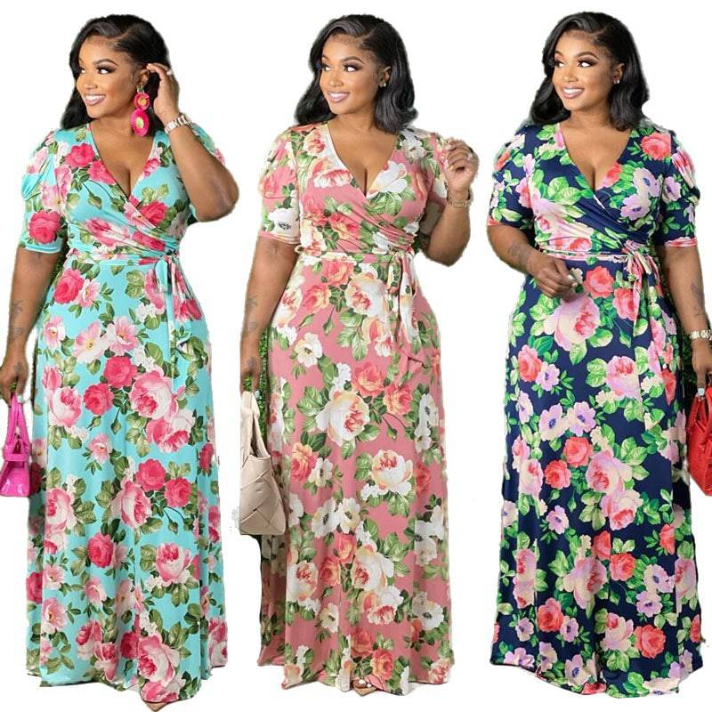 Long Dresses with Lace Up V Neck High Waist Ladies Vacation Floral Dress - TheWellBeing4All