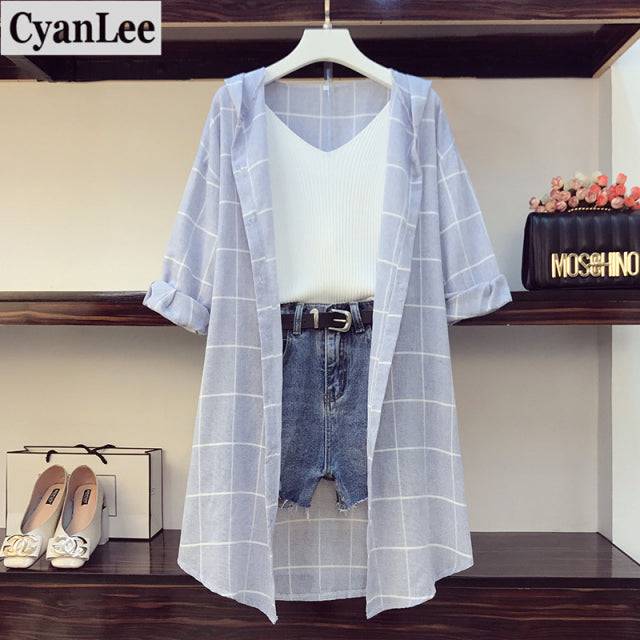 Casual 3 Piece Set Sleeve Plaid Long Hoodies Sunscreen Shirts + Knitted Vest + Hole Denim Short Sets - TheWellBeing4All