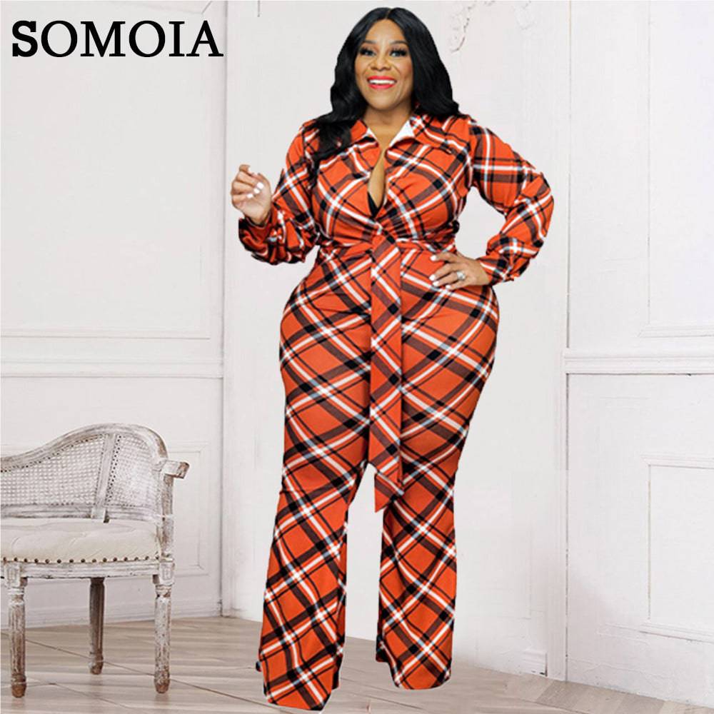 Plaid Print Fashion Jumpsuits for Women Bandage Long Sleeve Winter Clothes Wide Leg Casual Outfit - TheWellBeing4All