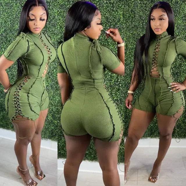 Cutout Strappy Bandage Rompers Playsuits Rib Knit Jumpsuit - TheWellBeing4All