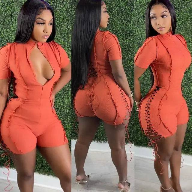 Cutout Strappy Bandage Rompers Playsuits Rib Knit Jumpsuit - TheWellBeing4All