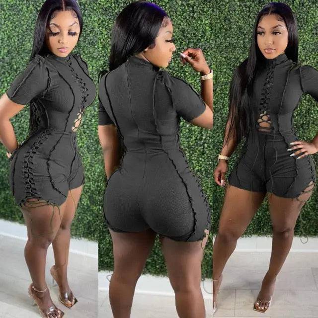 Cutout Strappy Bandage Rompers Playsuits Rib Knit Jumpsuit - TheWellBeing4All