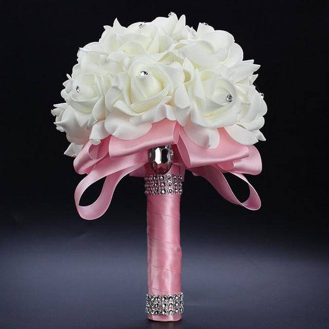 Foam flowers Rose Bridal White Satin Romantic Wedding  bouquet - TheWellBeing4All