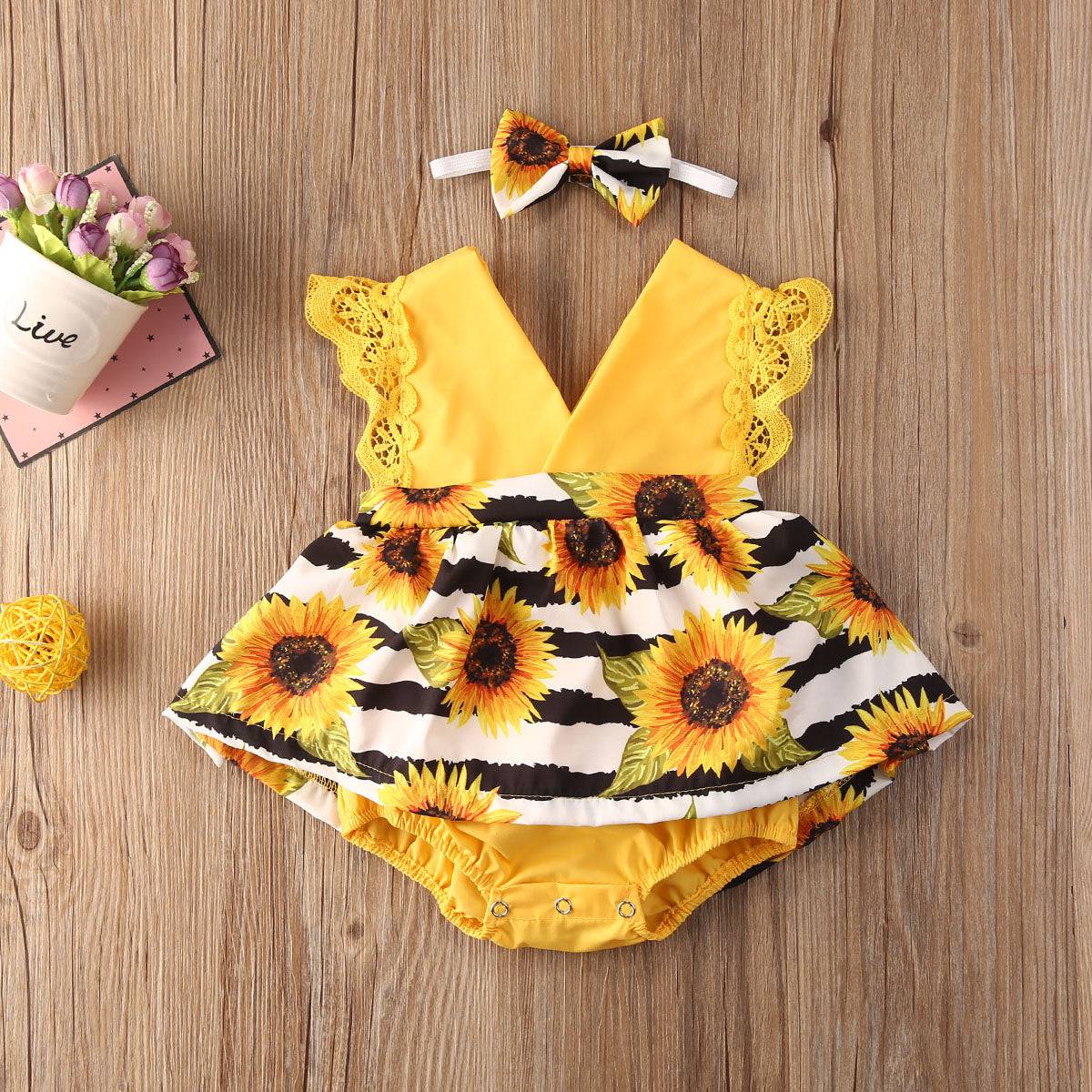 Lace Ruffle Sunflower Print Romper Headband 2 Pcs Sleeveless Outfits Sun suit for 0-24Months - TheWellBeing4All