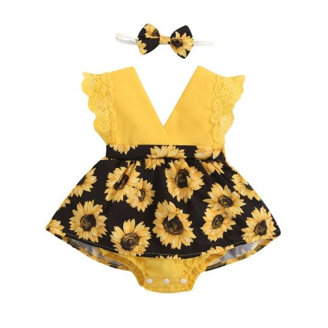 Lace Ruffle Sunflower Print Romper Headband 2 Pcs Sleeveless Outfits Sun suit for 0-24Months - TheWellBeing4All