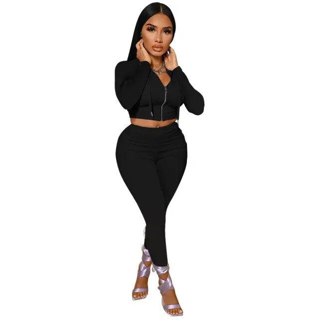 Long Sleeve Hooded Top Pencil Sweatpants Suits Two Piece Set Casual Sporty Tracksuit Outfits - TheWellBeing4All